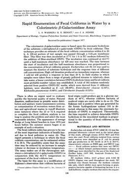 Rapid Enumeration of Fecal Coliforms in Water by a Colorimetric /3-Galactosidase Assay L