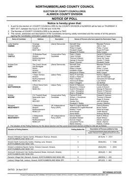 Northumberland County Council Notice of Poll