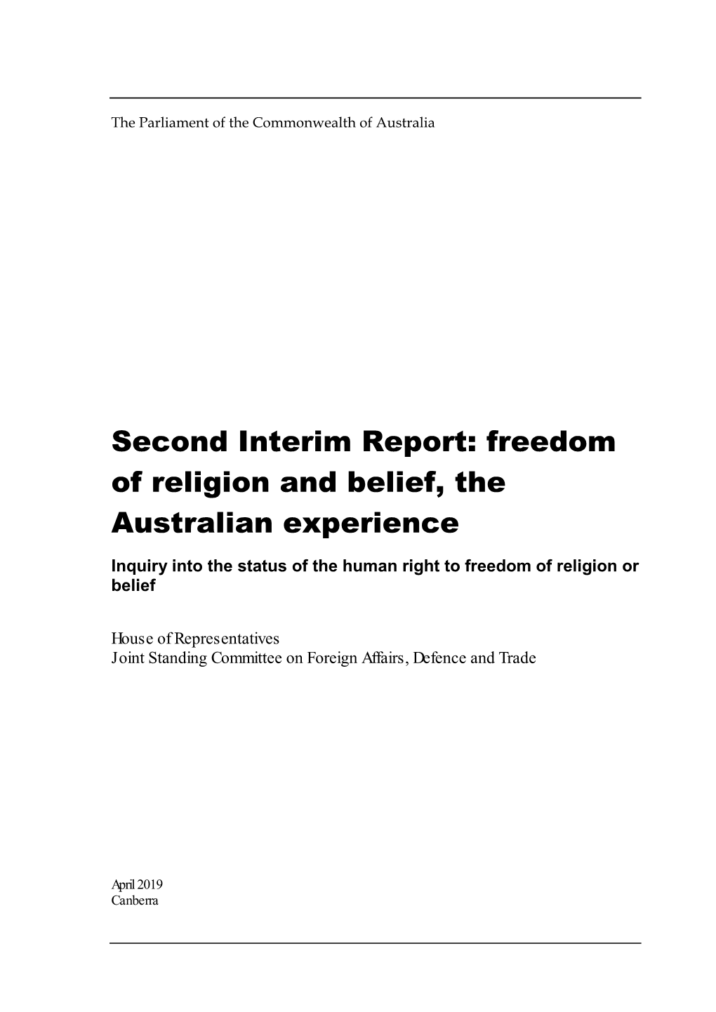 Second Interim Report: Freedom of Religion and Belief, the Australian Experience