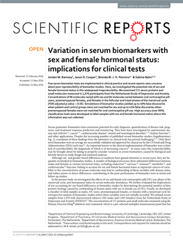 Variation in Serum Biomarkers with Sex and Female Hormonal Status: Implications for Clinical Tests Received: 11 February 2016 Jordan M