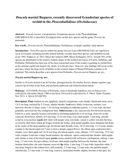 Dracula Marinii Baquero, Recently Discovered Ecuadorian Species of Orchid in the Pleurothallidinae (Orchidaceae)