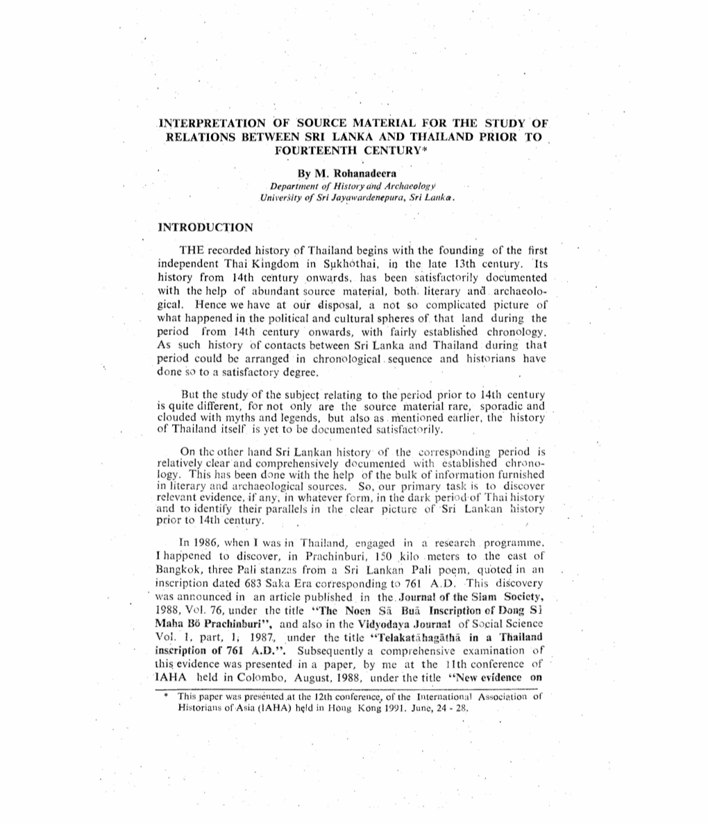 Interpretation of Source Material for the Study of Rela Tions Between Sri Lanka and Thailand Prior to Fourteenth Century*