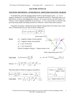 Lecture Notes 18: Magnetic Monopoles/Magnetic Charges