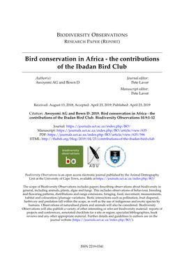 Bird Conservation in Africa - the Contributions of the Ibadan Bird Club