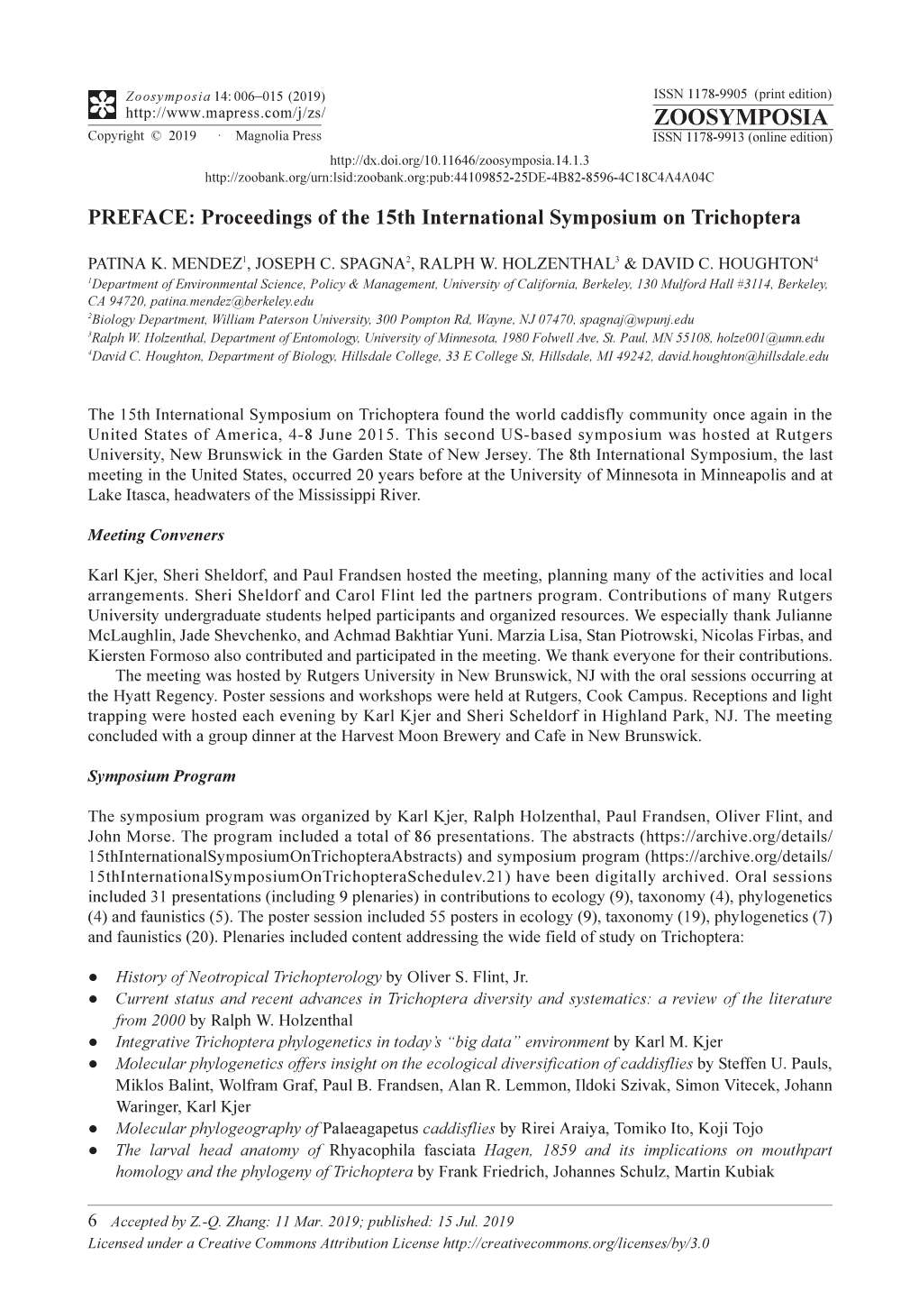 Proceedings of the 15Th International Symposium on Trichoptera