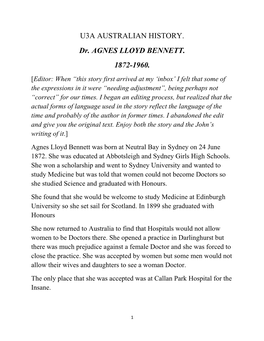 Dr Agnes Lloyd Bennett Died in 1960, Her Heroism Almost Totally Forgotten