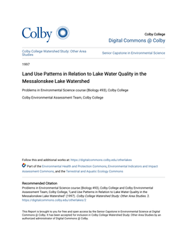 Land Use Patterns in Relation to Lake Water Quality in the Messalonskee Lake Watershed