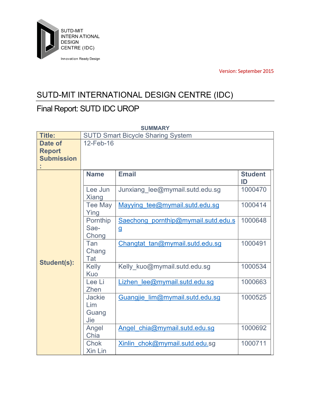 Final Report: SUTD IDC UROP