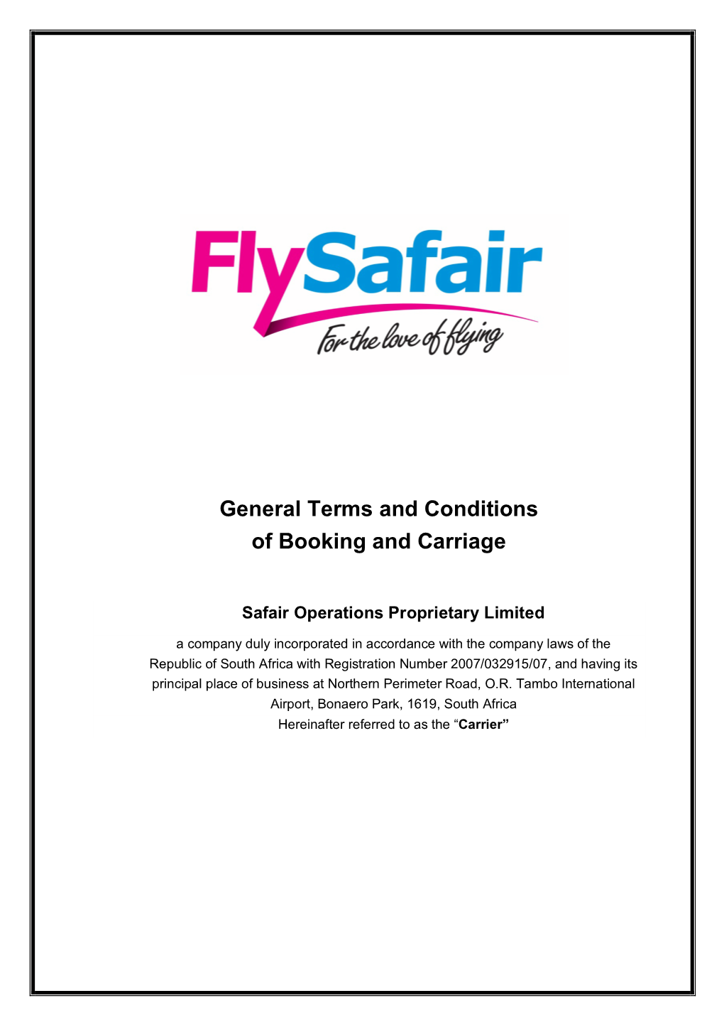 General Terms and Conditions of Booking and Carriage
