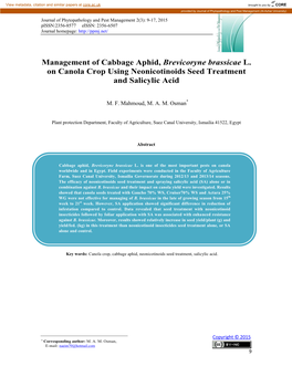 Management of Cabbage Aphid, Brevicoryne Brassicae L. on Canola Crop Using Neonicotinoids Seed Treatment and Salicylic Acid