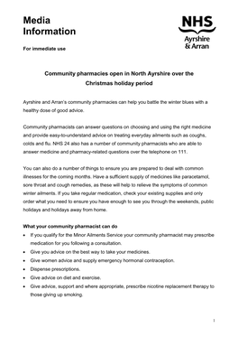 Community Pharmacies Open in North Ayrshire Over the Christmas Holiday Period