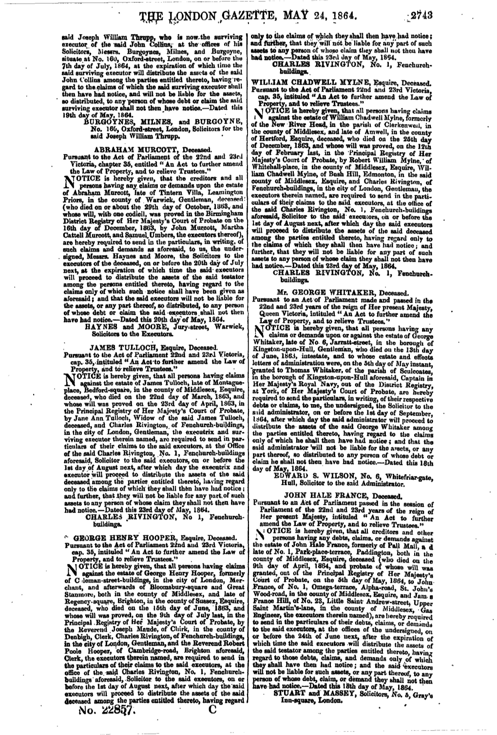 CONDON Gazeffe, MAY 24, 1864. No. 22857. C