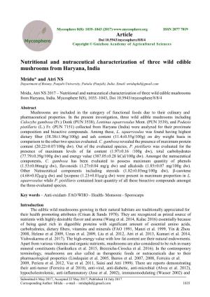 Nutritional and Nutraceutical Characterization of Three Wild Edible Mushrooms from Haryana, India