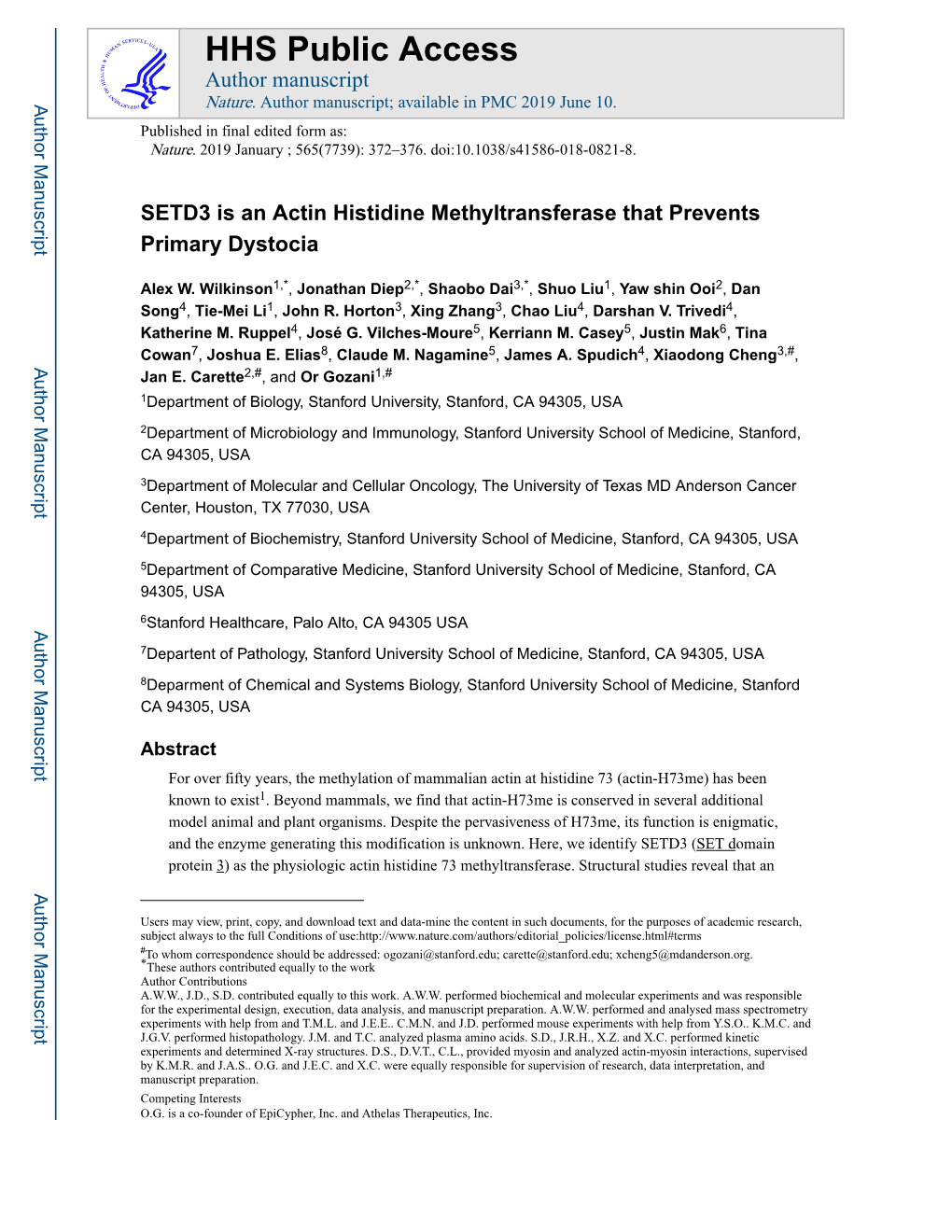SETD3 Is an Actin Histidine Methyltransferase That Prevents Primary Dystocia