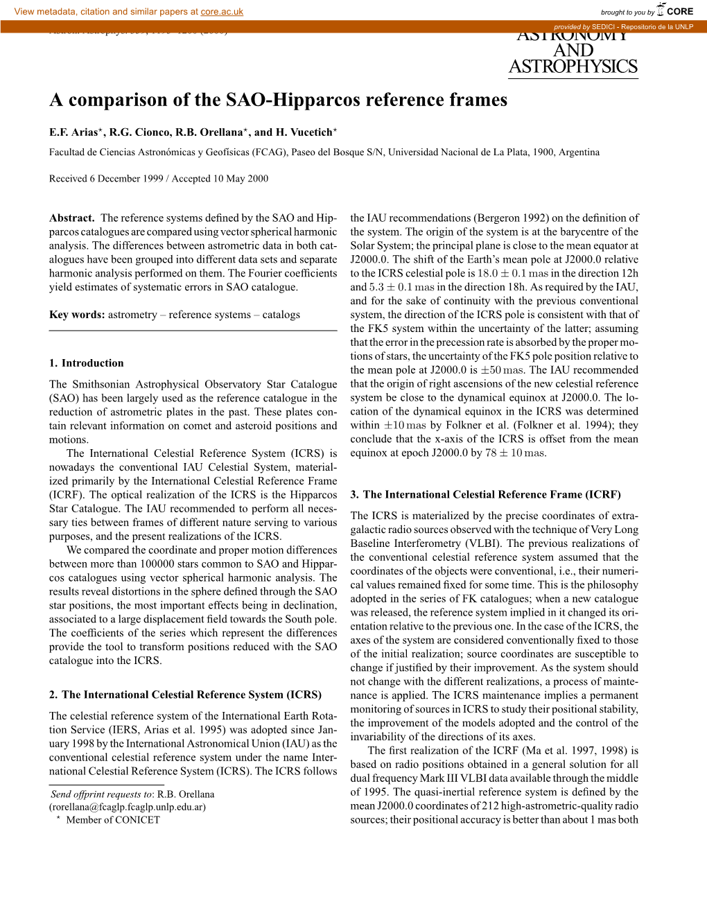 ASTRONOMY and ASTROPHYSICS a Comparison of the SAO