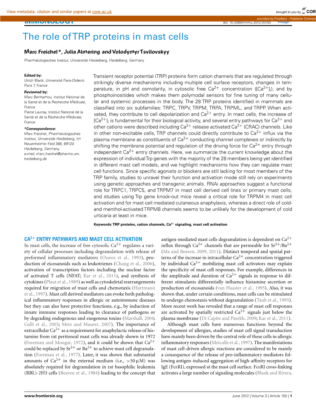 The Role of TRP Proteins in Mast Cells