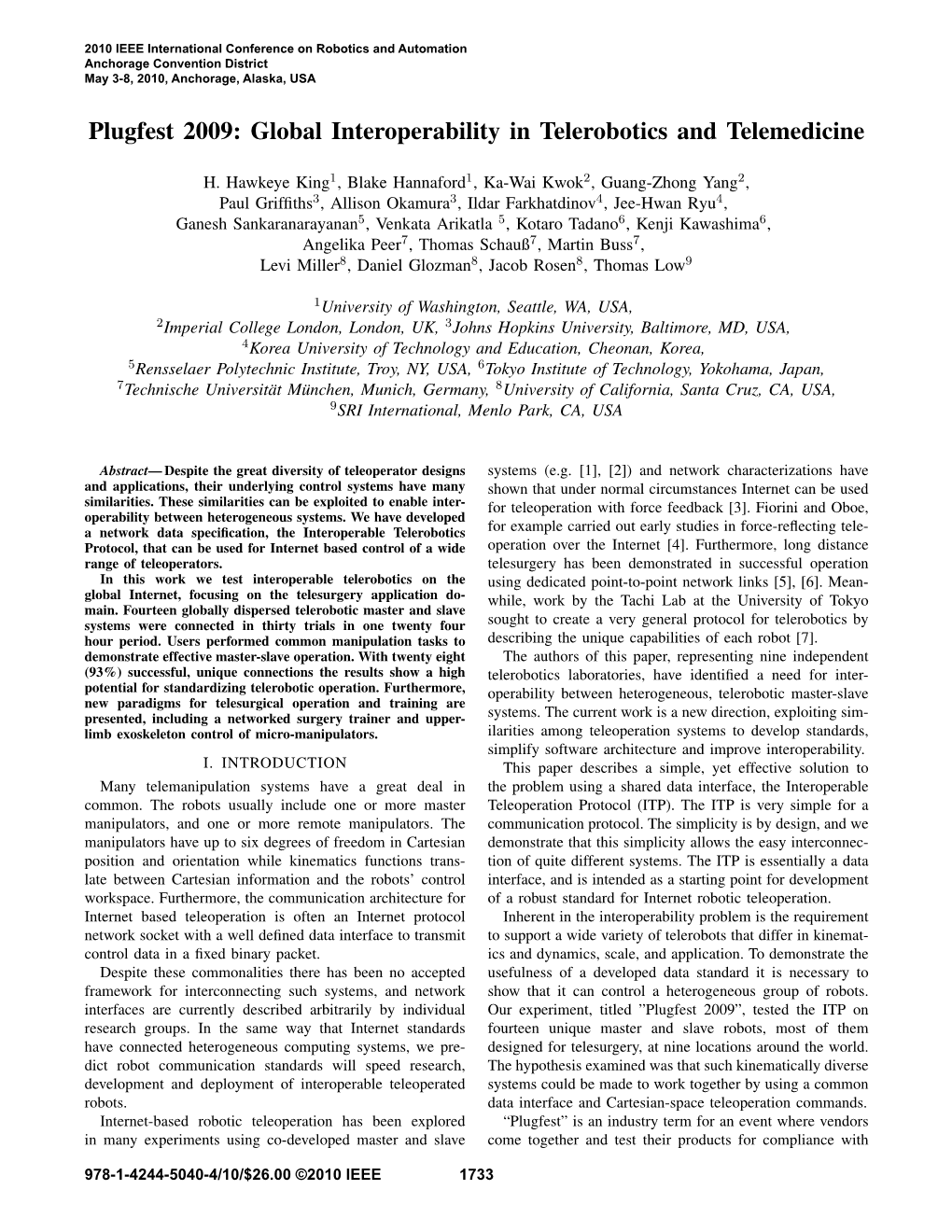 Global Interoperability in Telerobotics and Telemedicine