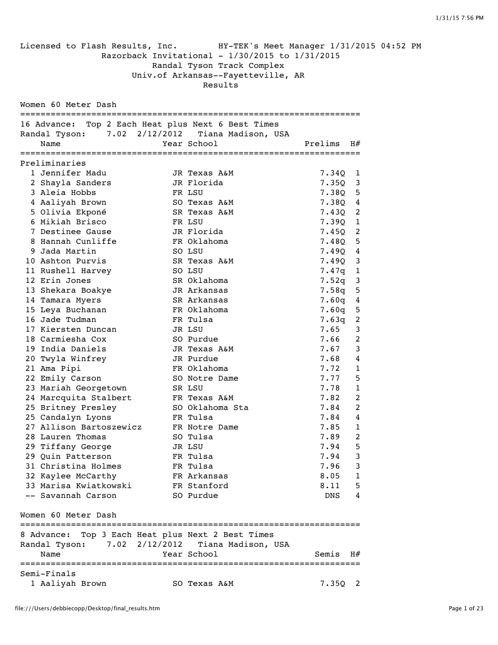 Licensed to Flash Results, Inc. HY-TEK's Meet