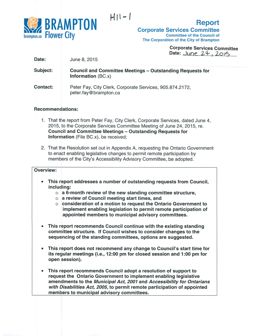 Corporate Services Committee Item H11 for June 24