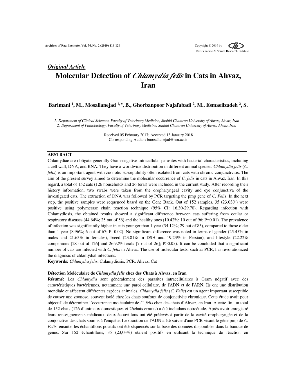 Molecular Detection of Chlamydia Felis in Cats in Ahvaz, Iran