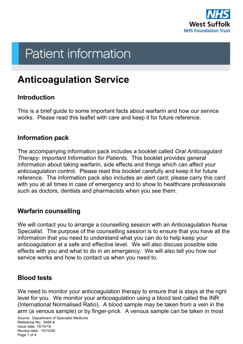 Anticoagulant Monitoring Service