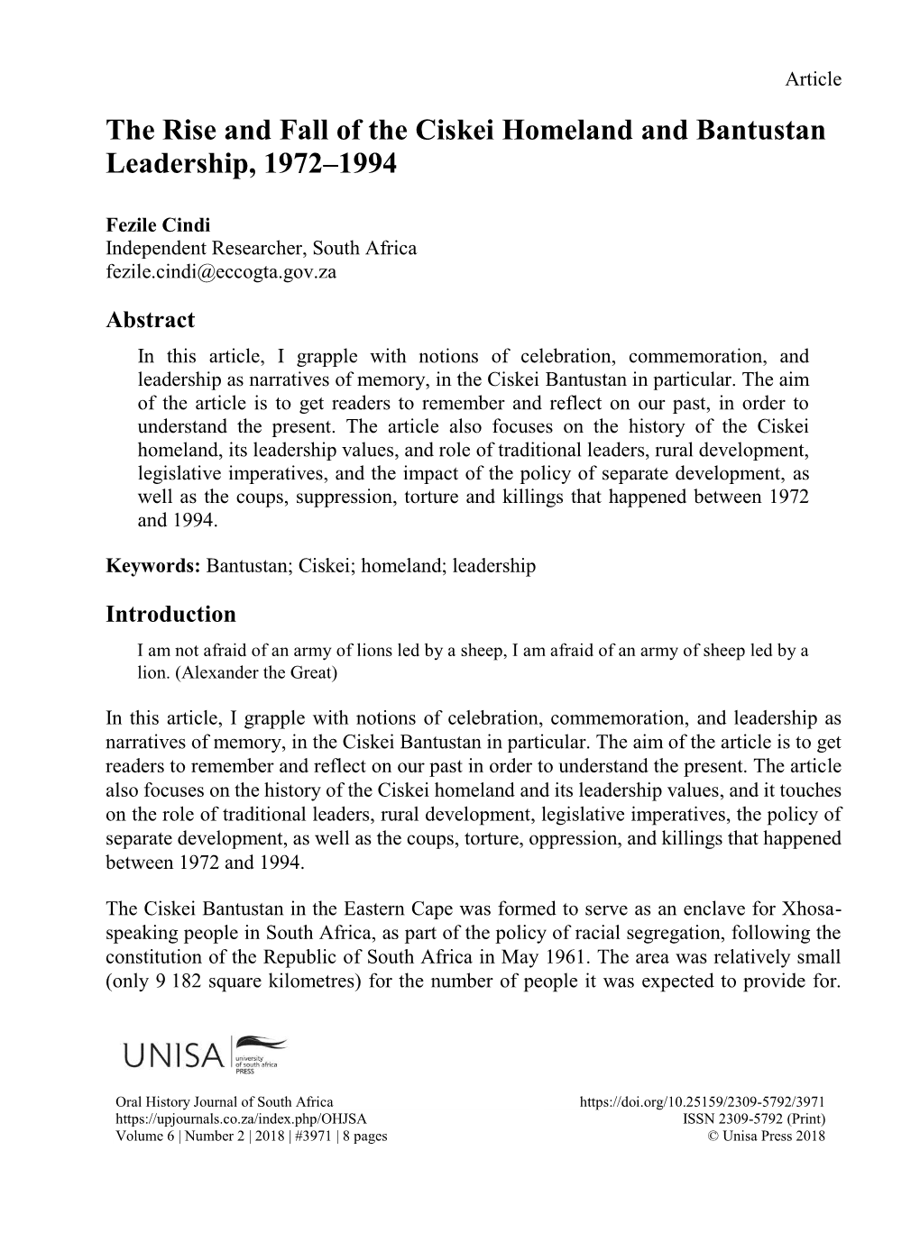 The Rise and Fall of the Ciskei Homeland and Bantustan Leadership, 1972–1994