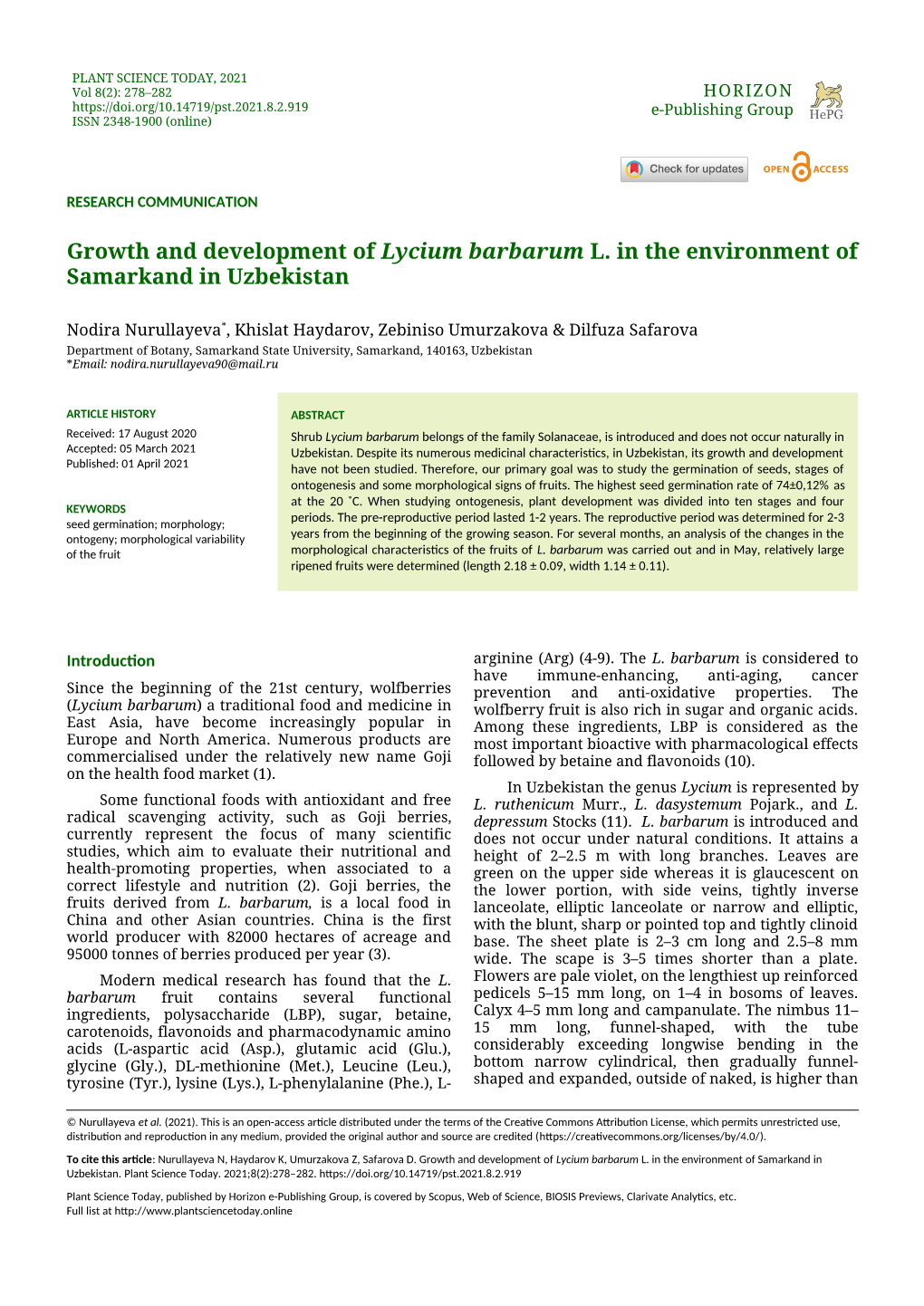 PLANT SCIENCE TODAY, 2021 Vol 8(2): 278–282 HORIZON E-Publishing Group ISSN 2348-1900 (Online)