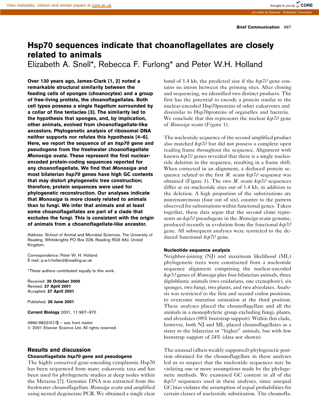 Hsp70 Sequences Indicate That Choanoflagellates Are Closely Related to Animals Elizabeth A