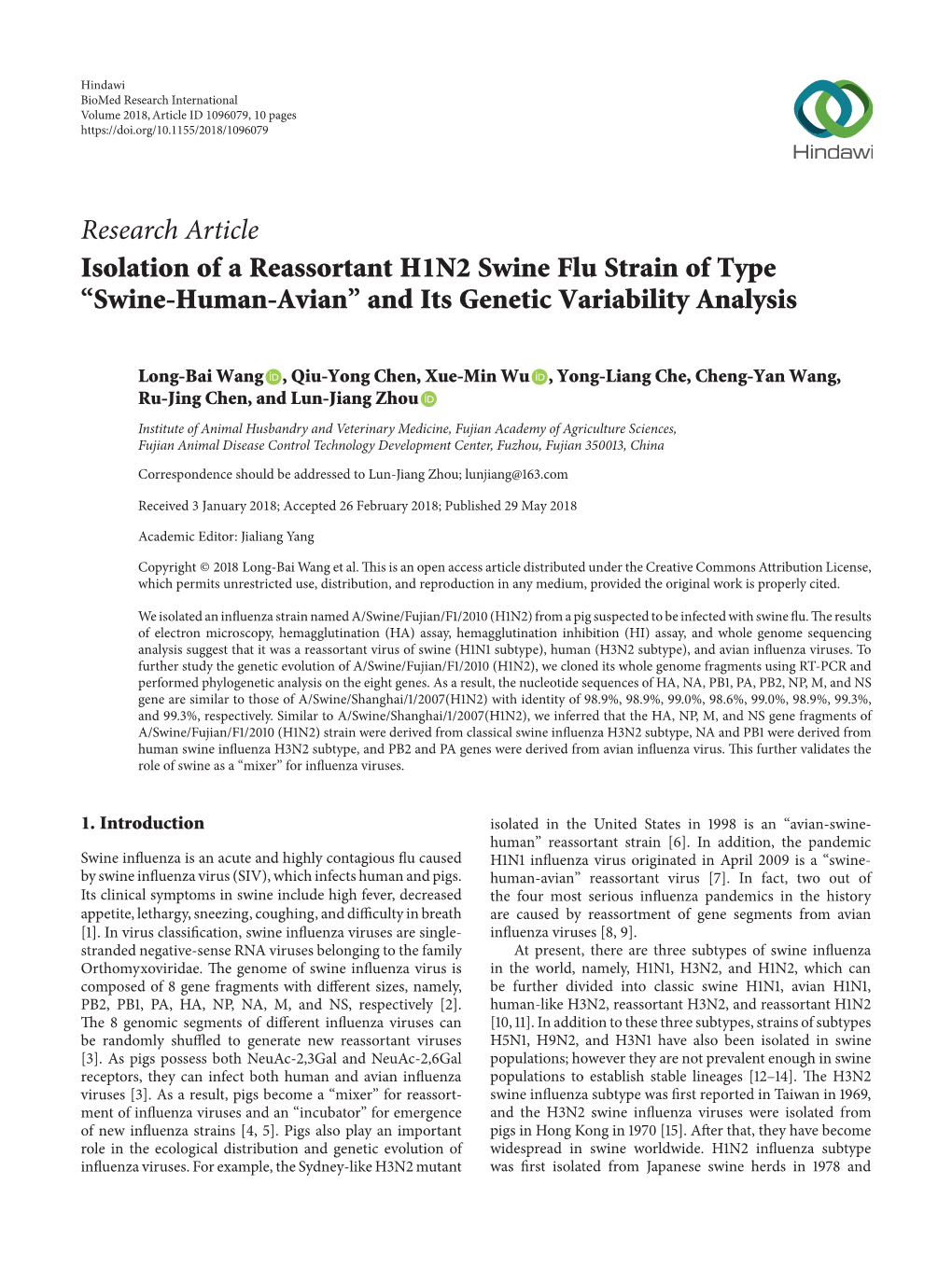 Research Article Isolation of a Reassortant H1N2 Swine Flu Strain of Type (Swine-Human-Avian) and Its Genetic Variability Analysis