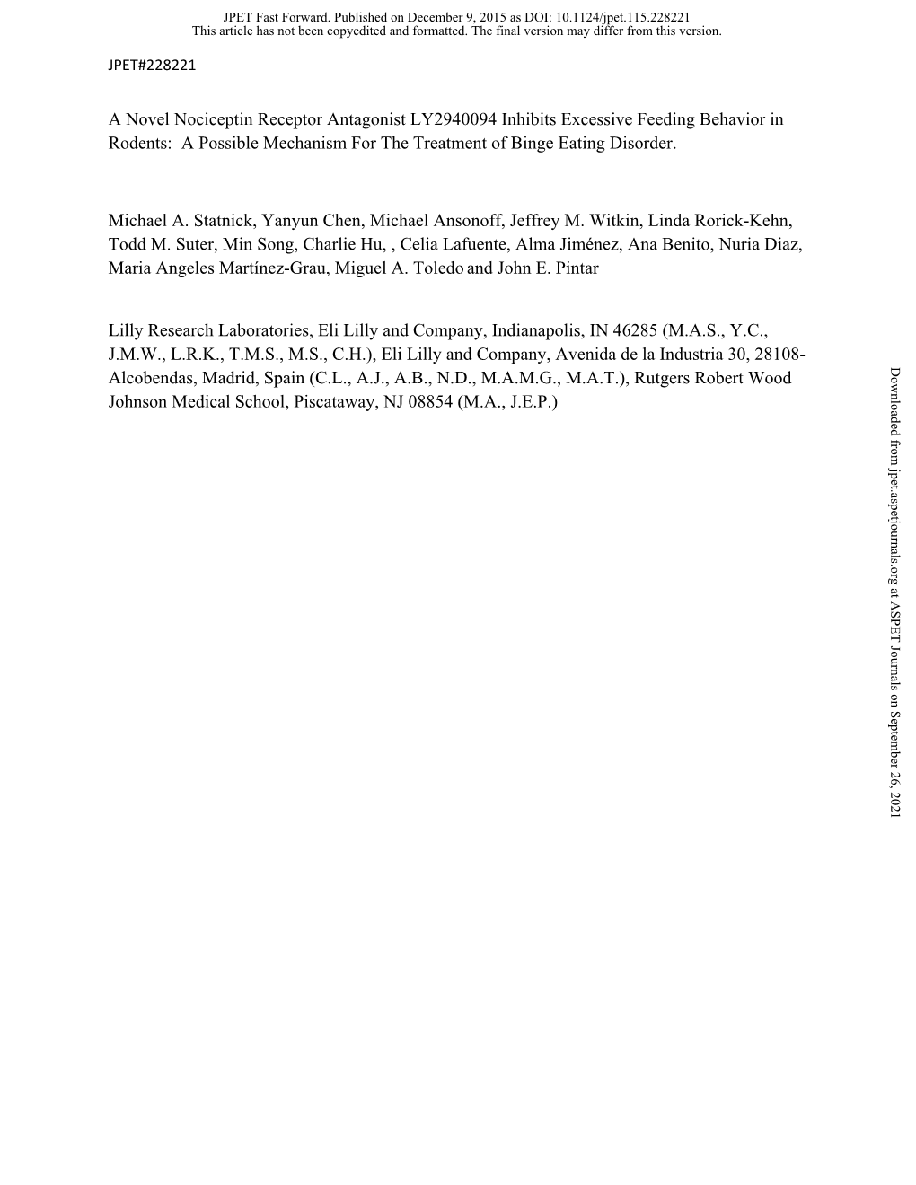 A Novel Nociceptin Receptor Antagonist LY2940094 Inhibits Excessive Feeding Behavior in Rodents: a Possible Mechanism for the Treatment of Binge Eating Disorder