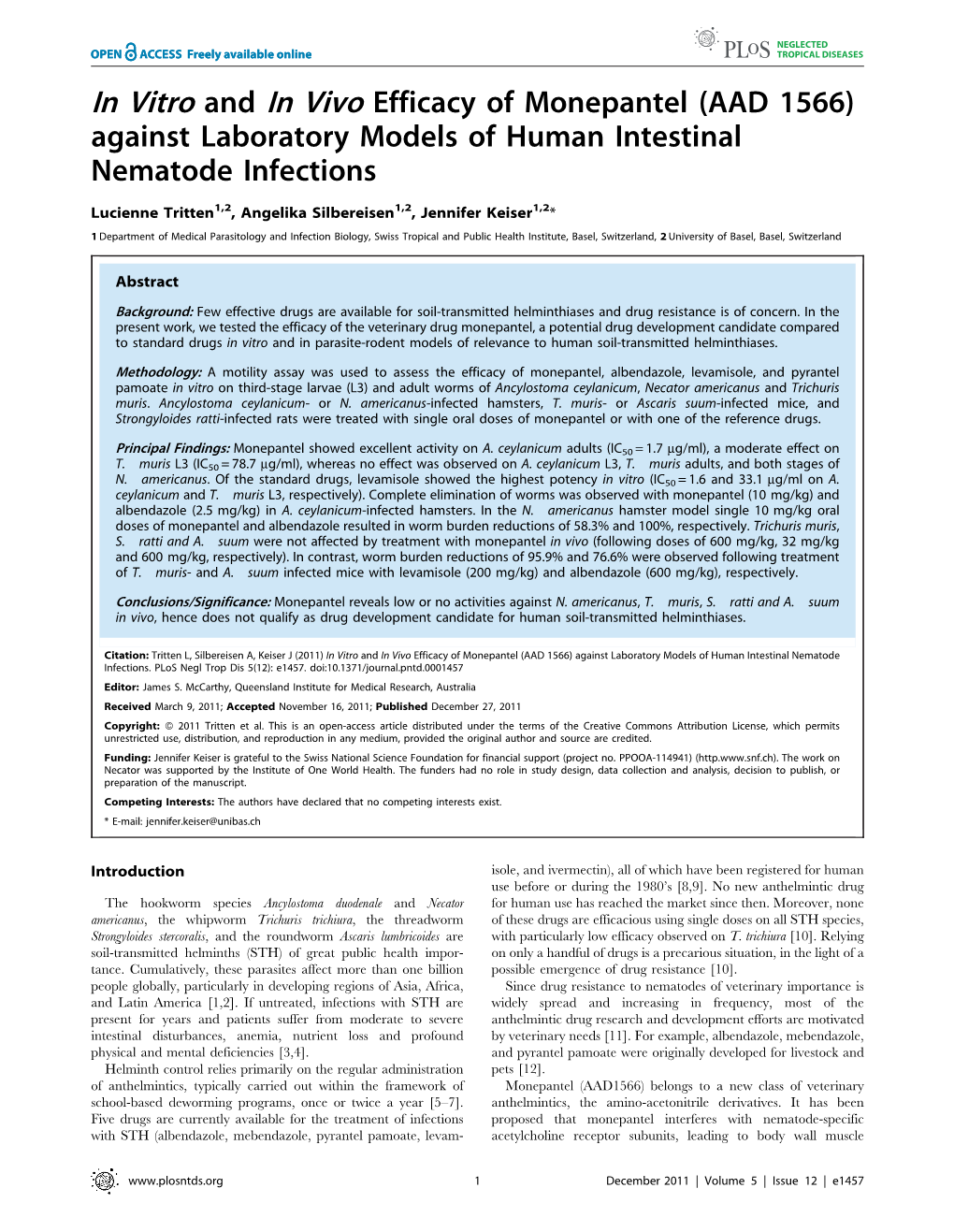 Against Laboratory Models of Human Intestinal Nematode Infections