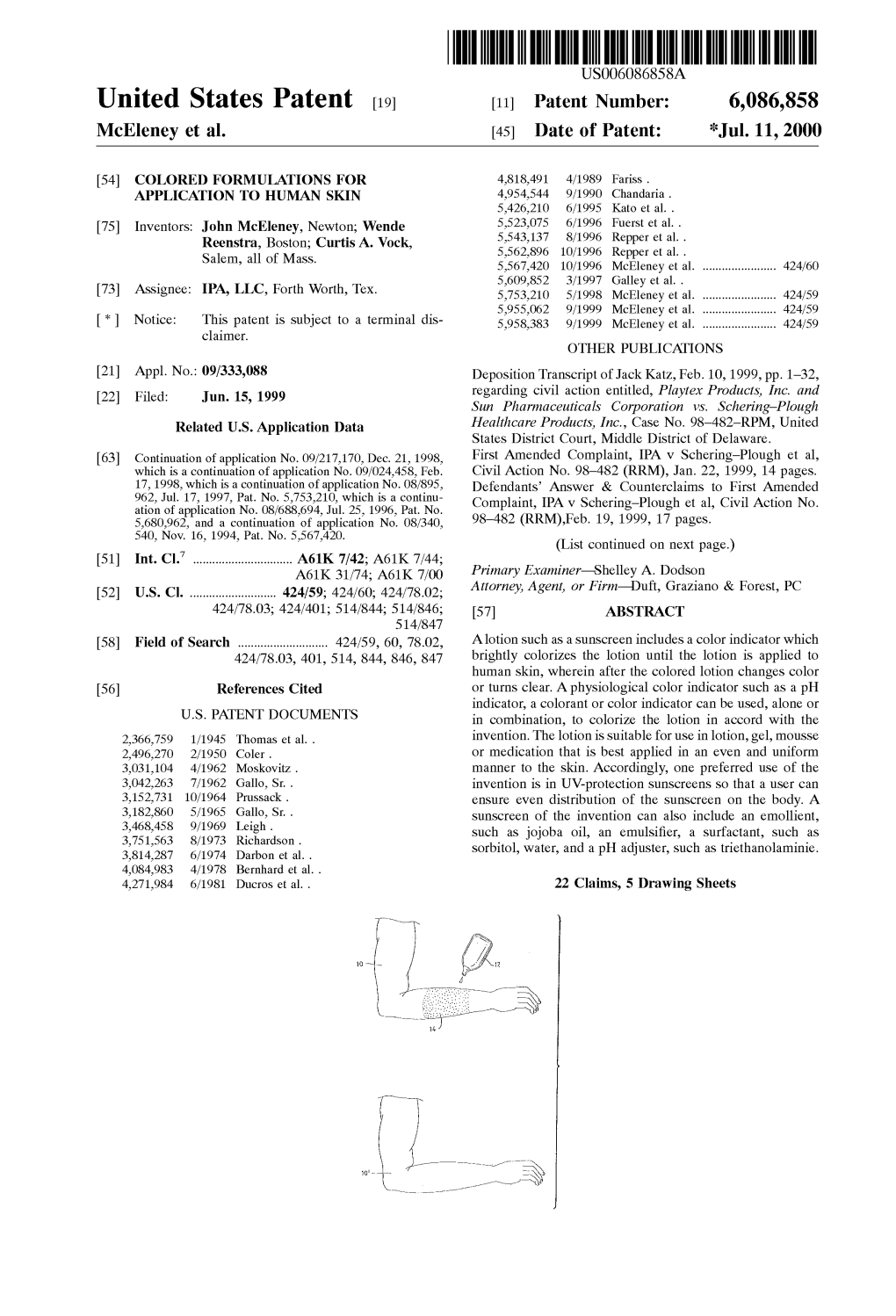 United States Patent (19) 11 Patent Number: 6,086,858 Mceleney Et Al