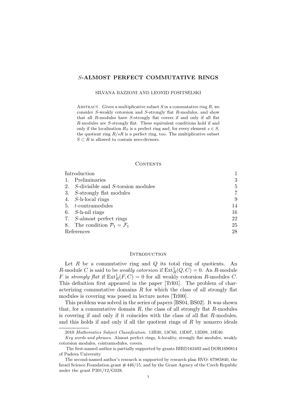 S-ALMOST PERFECT COMMUTATIVE RINGS Contents Introduction 1 1. Preliminaries 3 2. S-Divisible and S-Torsion Modules 5 3. S-Strong