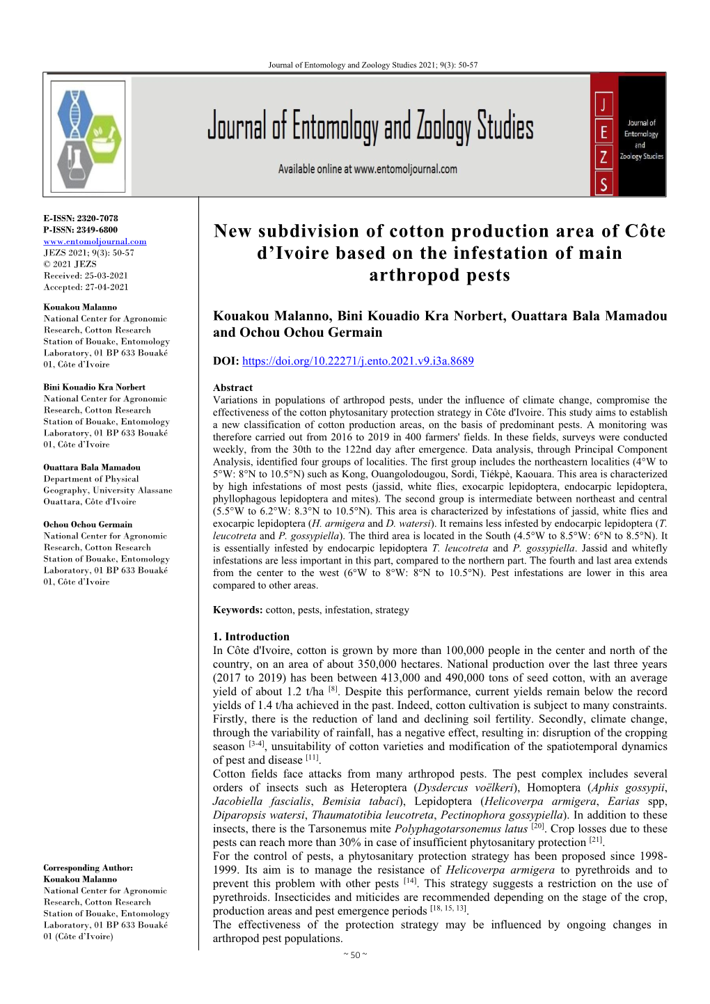 New Subdivision of Cotton Production Area of Côte D'ivoire Based on The