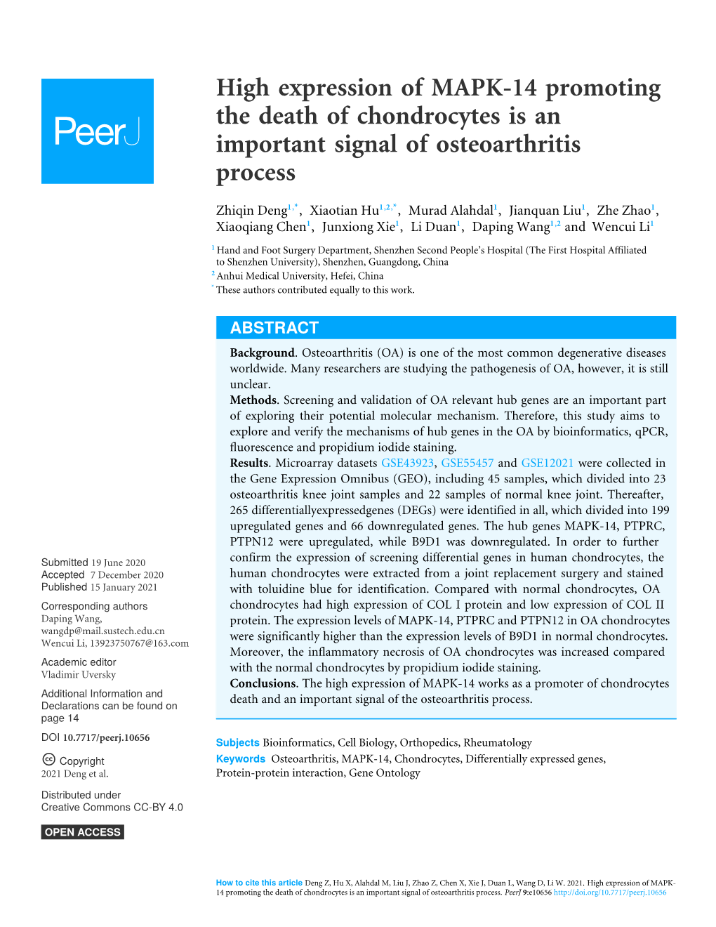 High Expression of MAPK-14 Promoting the Death of Chondrocytes Is an Important Signal of Osteoarthritis Process