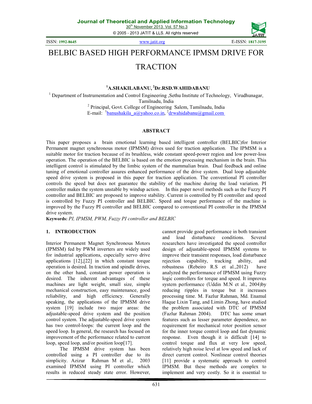 Belbic Based High Performance Ipmsm Drive for Traction