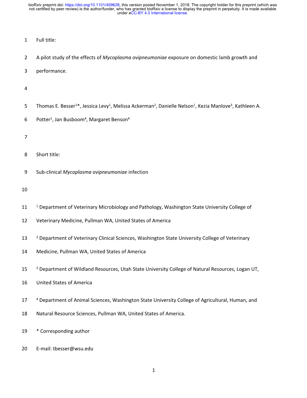 A Pilot Study of the Effects of Mycoplasma Ovipneumoniae Exposure on Domestic Lamb Growth And