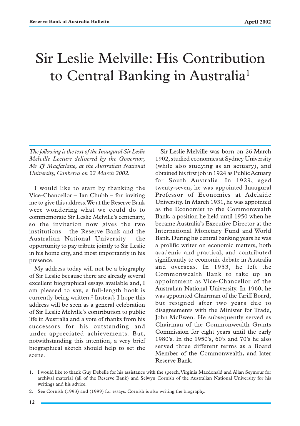 Sir Leslie Melville: His Contribution to Central Banking in Australia1