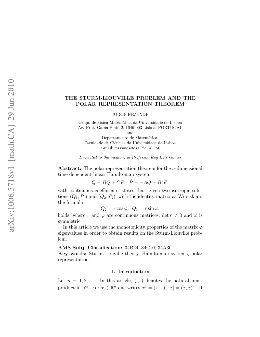 The Sturm-Liouville Problem and the Polar Representation Theorem