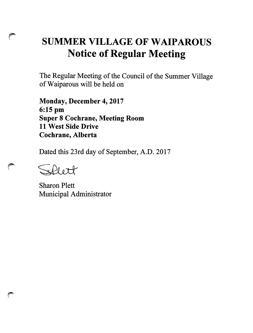 Notice of Regular Meeting