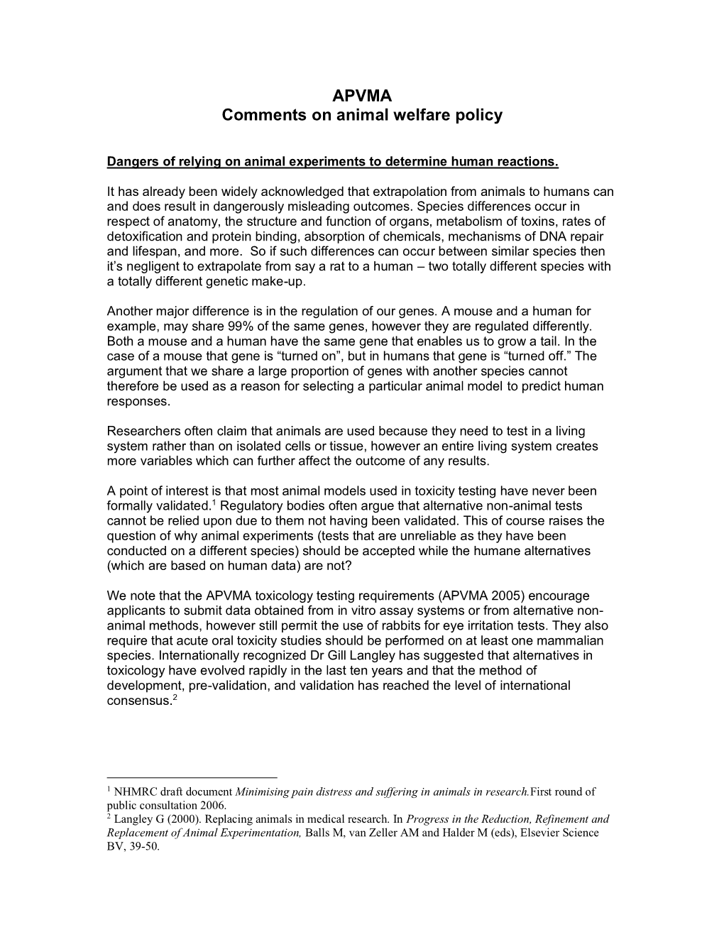 APVMA Comments on Animal Welfare Policy