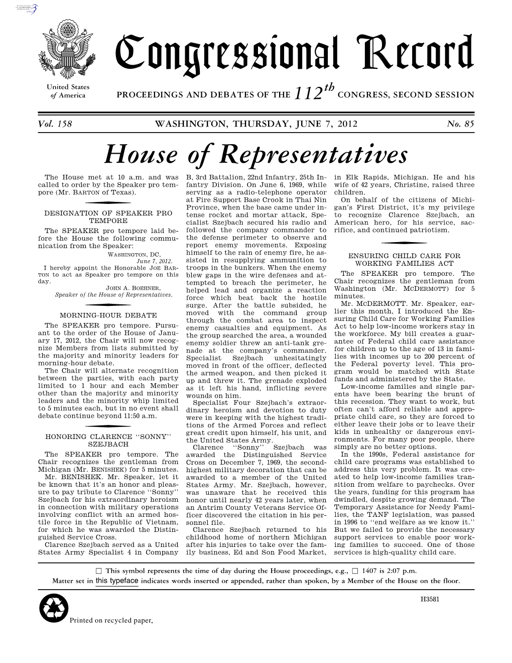 Congressional Record United States Th of America PROCEEDINGS and DEBATES of the 112 CONGRESS, SECOND SESSION