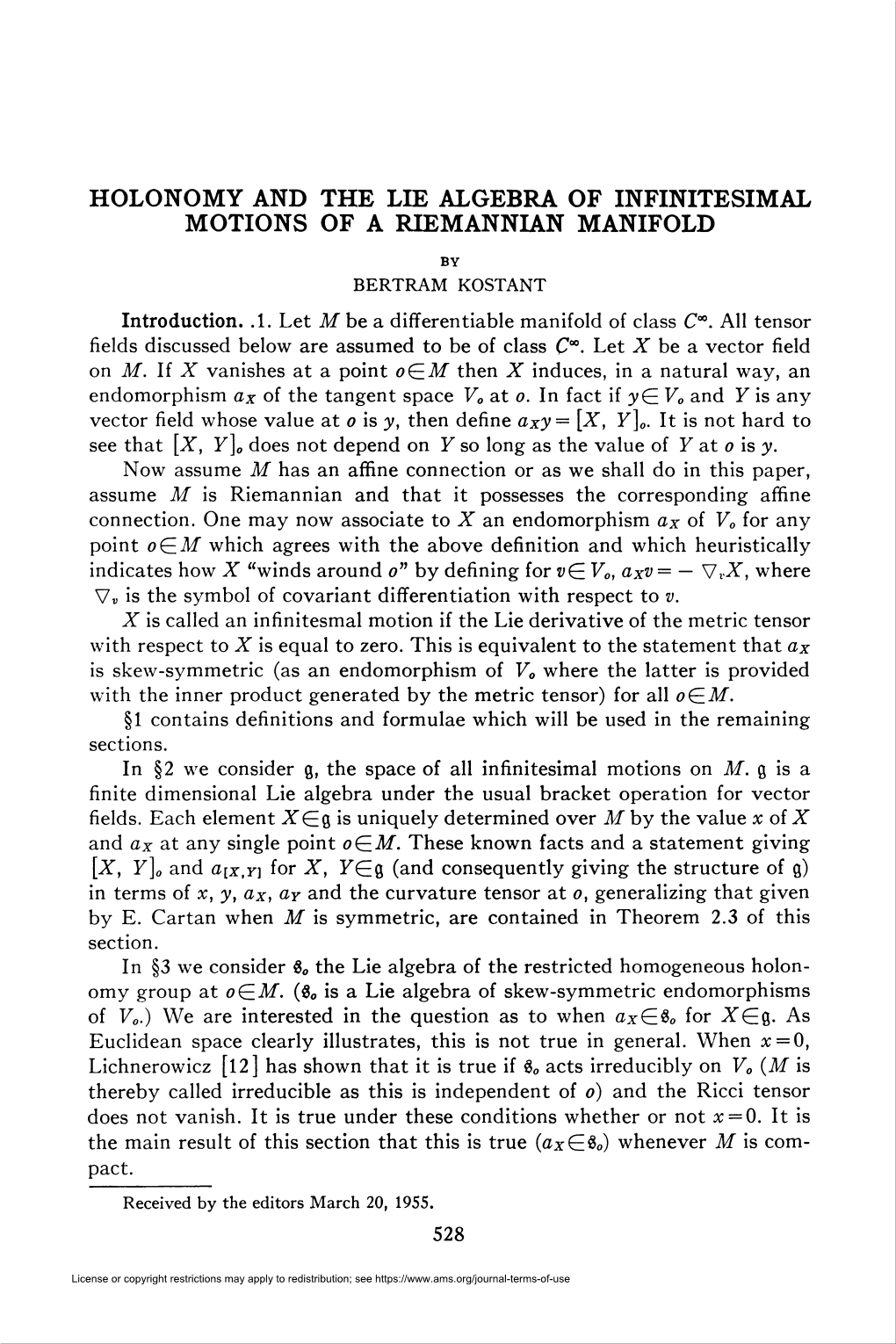 Holonomy and the Lie Algebra of Infinitesimal Motions of a Riemannian Manifold