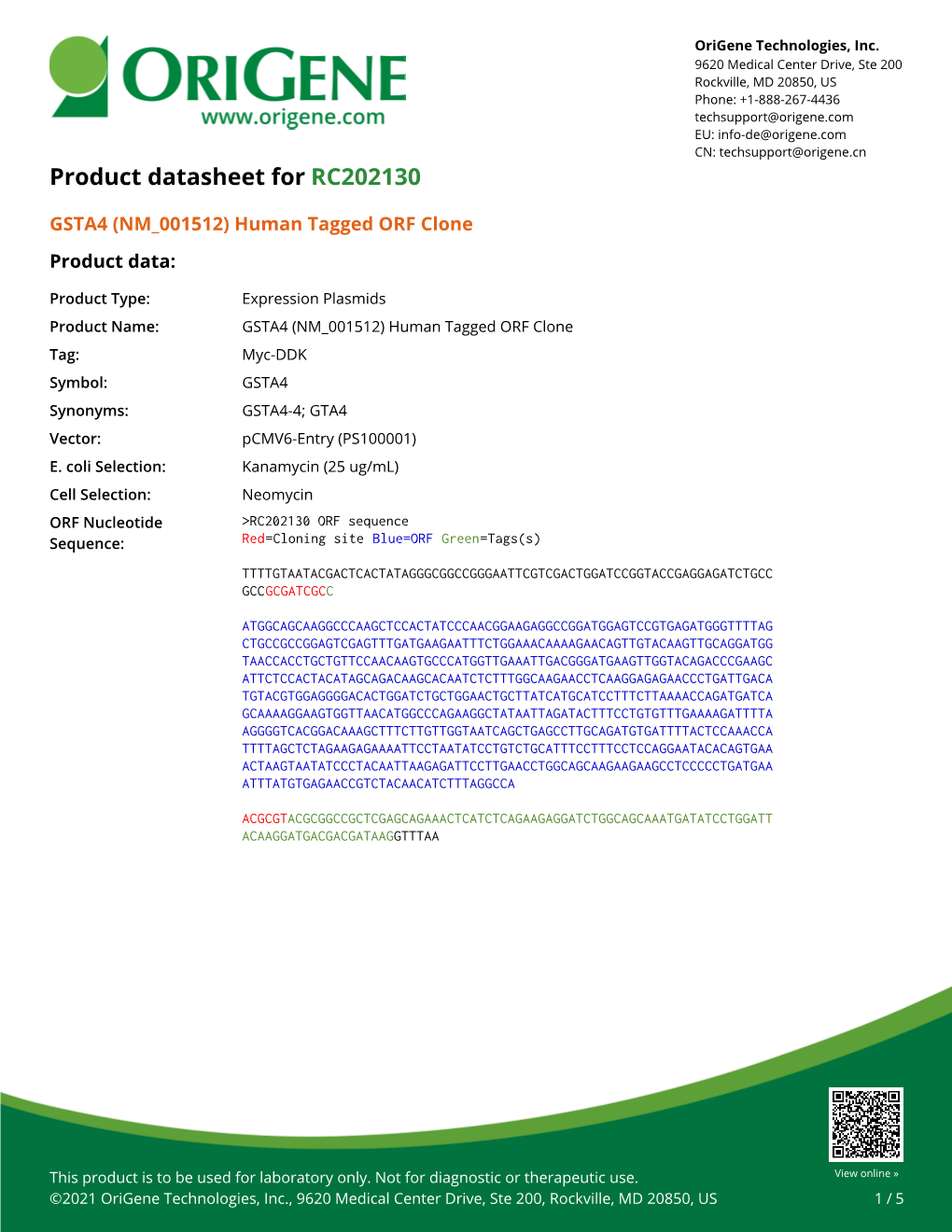 GSTA4 (NM 001512) Human Tagged ORF Clone – RC202130 | Origene