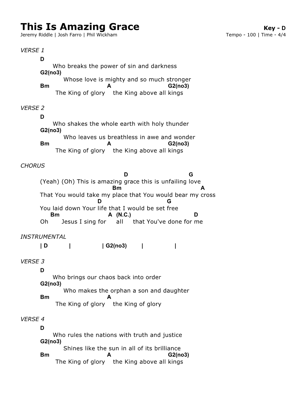 This Is Amazing Grace Key - D Jeremy Riddle | Josh Farro | Phil Wickham Tempo - 100 | Time - 4/4