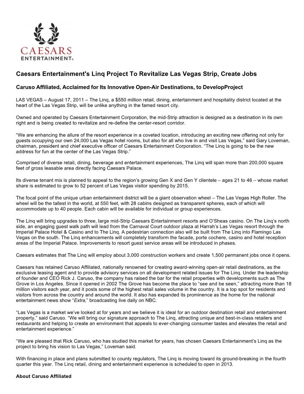 Caesars Entertainment's Linq Project to Revitalize Las Vegas Strip, Create Jobs