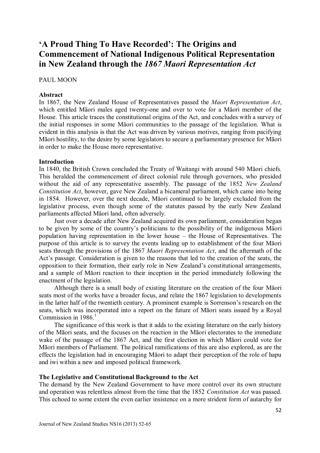 The Origins and Commencement of National Indigenous Political Representation in New Zealand Through the 1867 Maori Representation Act