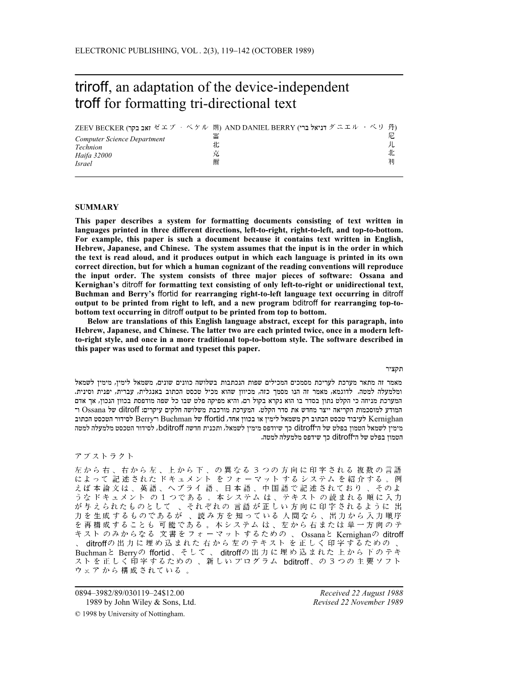 Triroff, an Adaptation of the Device-Independent Troff for Formatting Tri-Directional Text