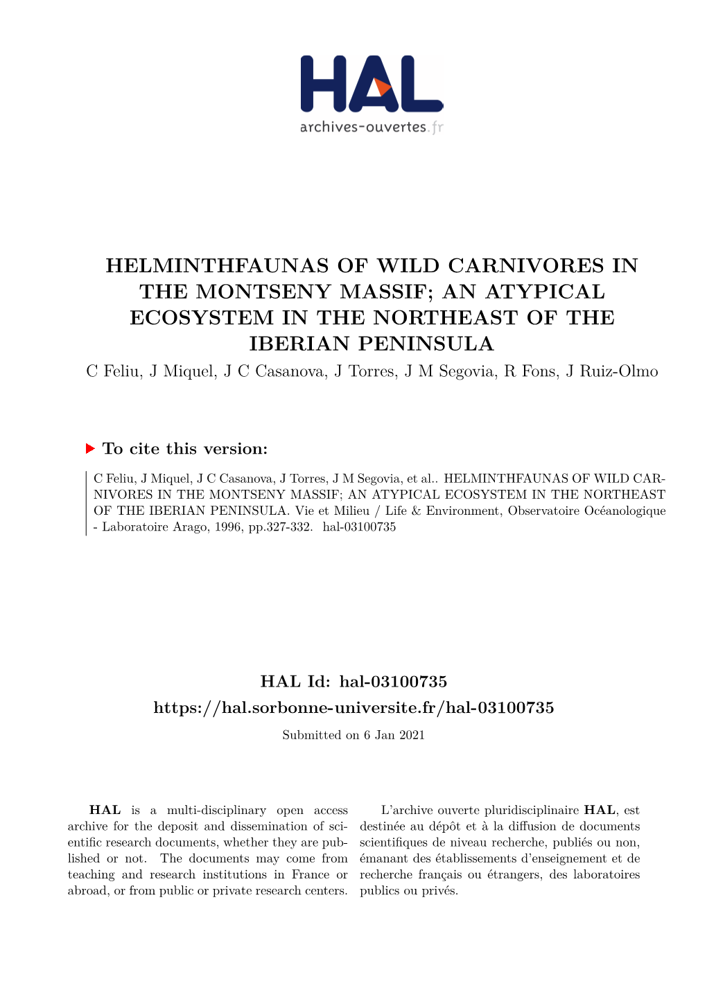 Helminthfaunas of Wild Carnivores in the Montseny