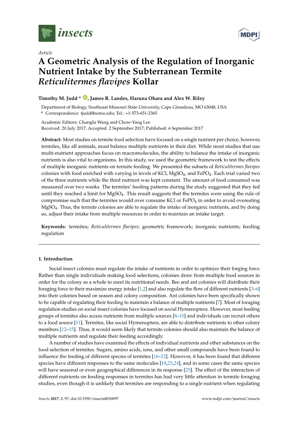 A Geometric Analysis of the Regulation of Inorganic Nutrient Intake by the Subterranean Termite Reticulitermes ﬂavipes Kollar